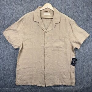 Lucky Brand Loop Collar Linen Shirt Men's Large Short Sleeve Tan NWT $69.50